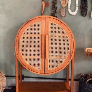 Round Solid Wood & Canne Bar Cabinet for Home | Designer Bar Furniture